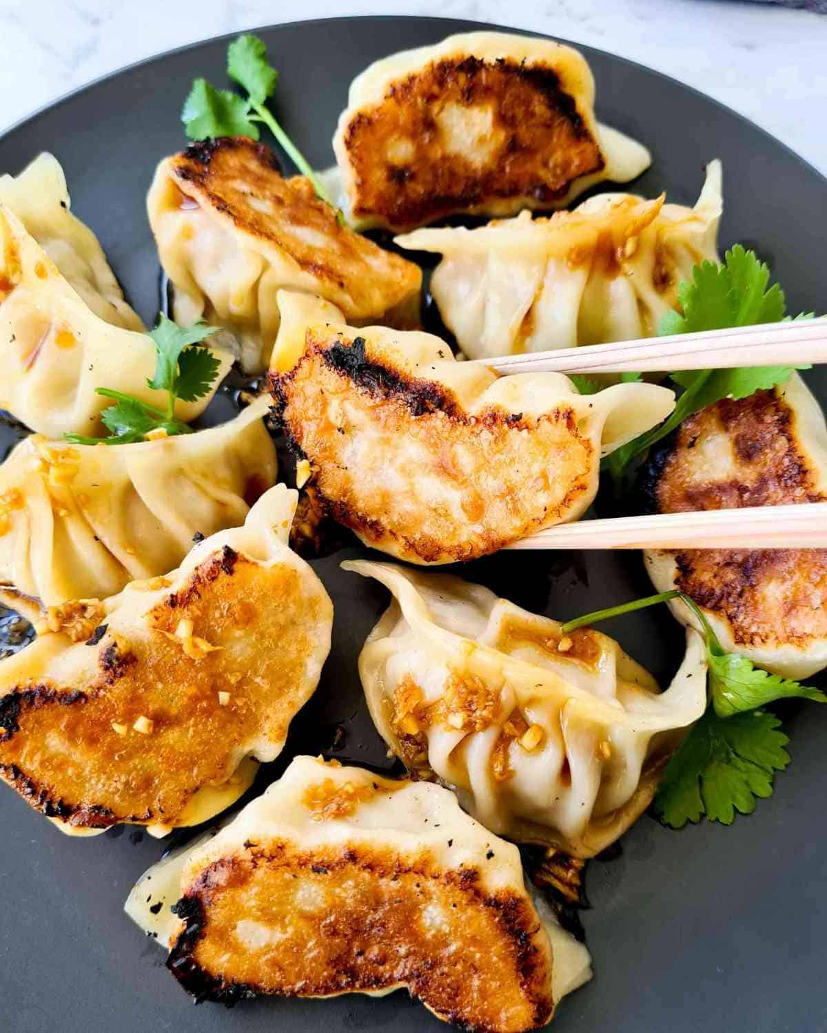 Close up of pan fried dumplings on a black plate with a pair of chopsticks holding onto a dumpling