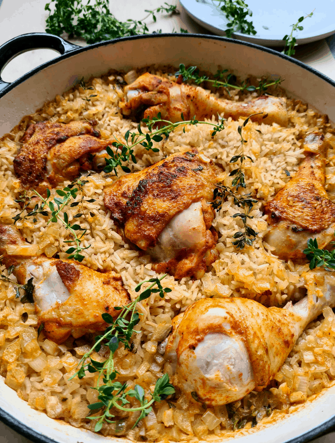 A pot of freshly baked chicken and rice