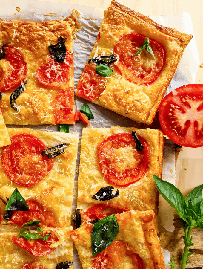 Slices of margherita puff pastry pizza
