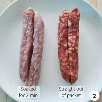Comparison image of 2 soaked sausages next to 2 unsoaked sausages on a plate