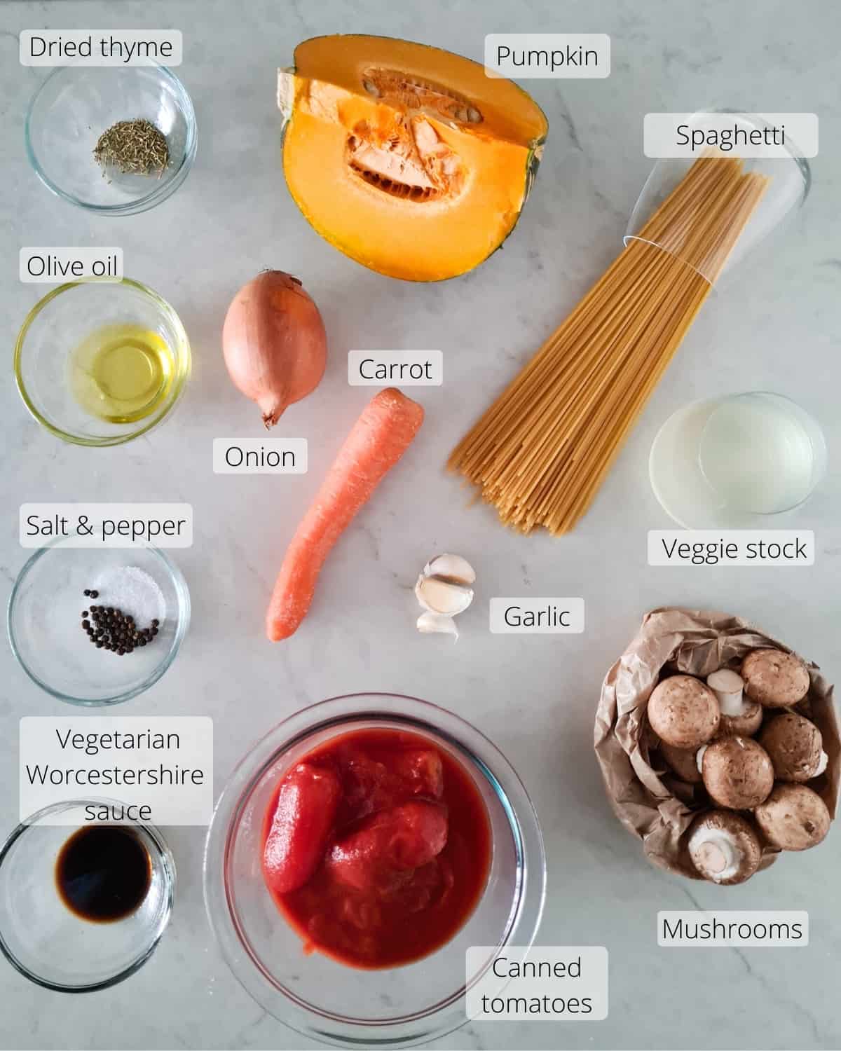 Ingredients required for spaghetti vegetarian bolognese