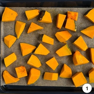 Tray of chopped pumpkin