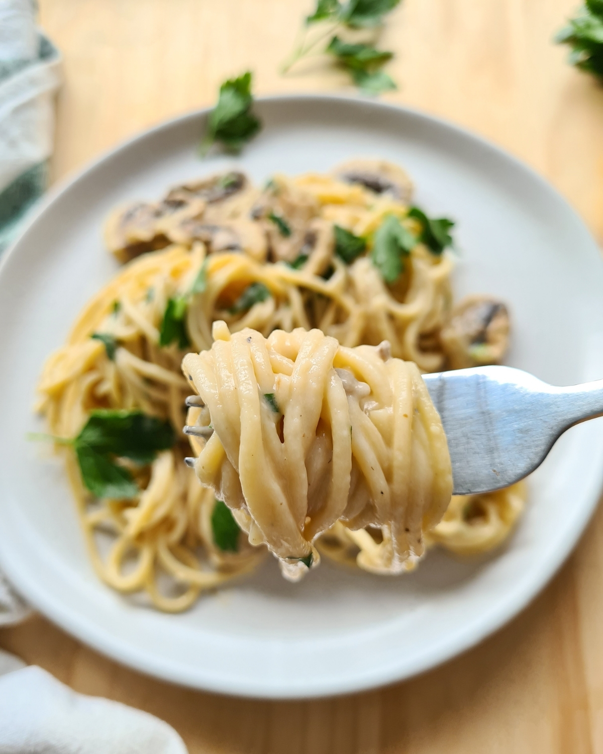 Close up of forkful of twirled pasta