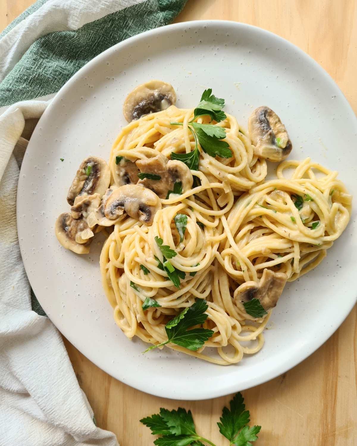 A plate of creamy mushroom pasta