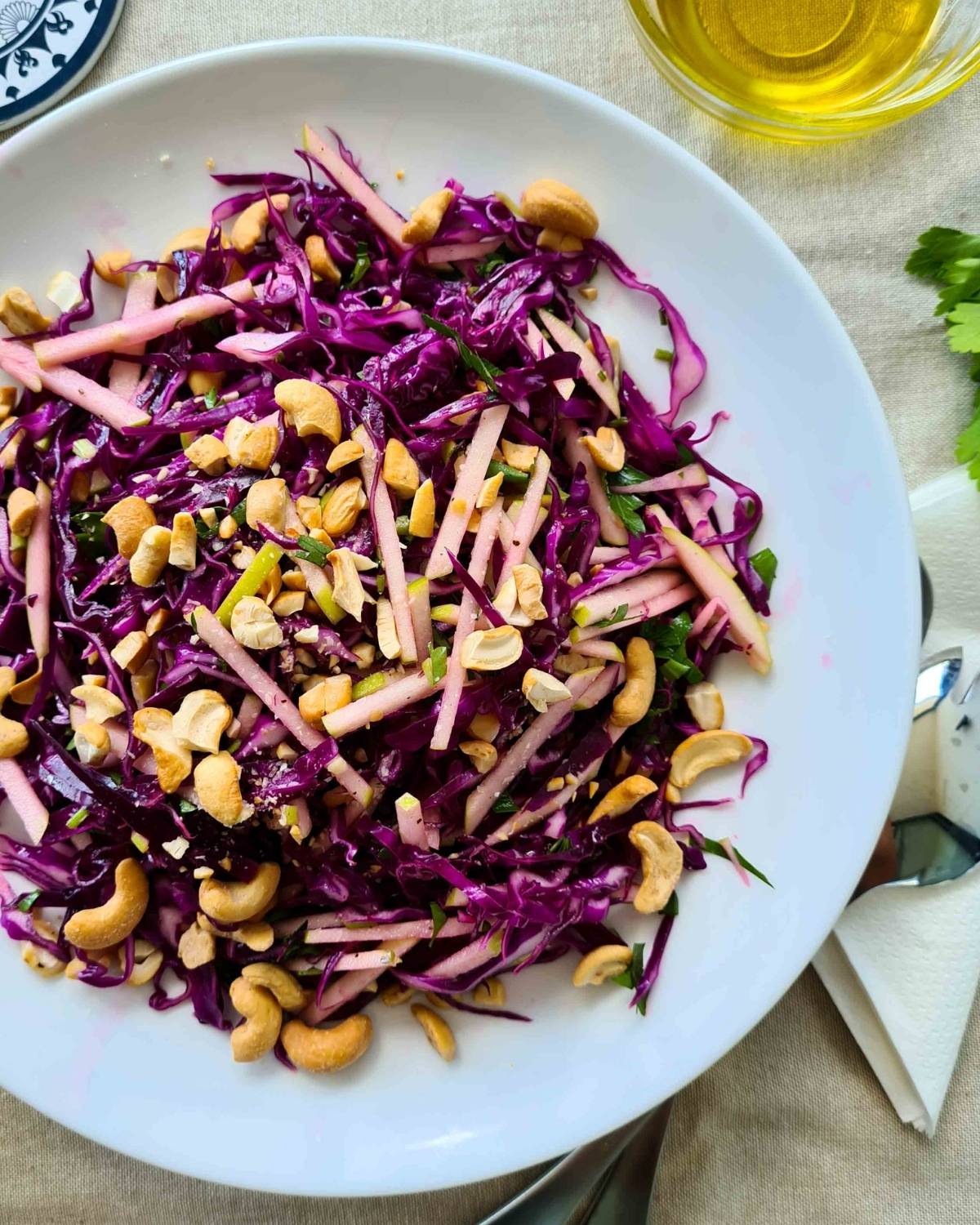 A large plate of this salad with lots of cashew nuts