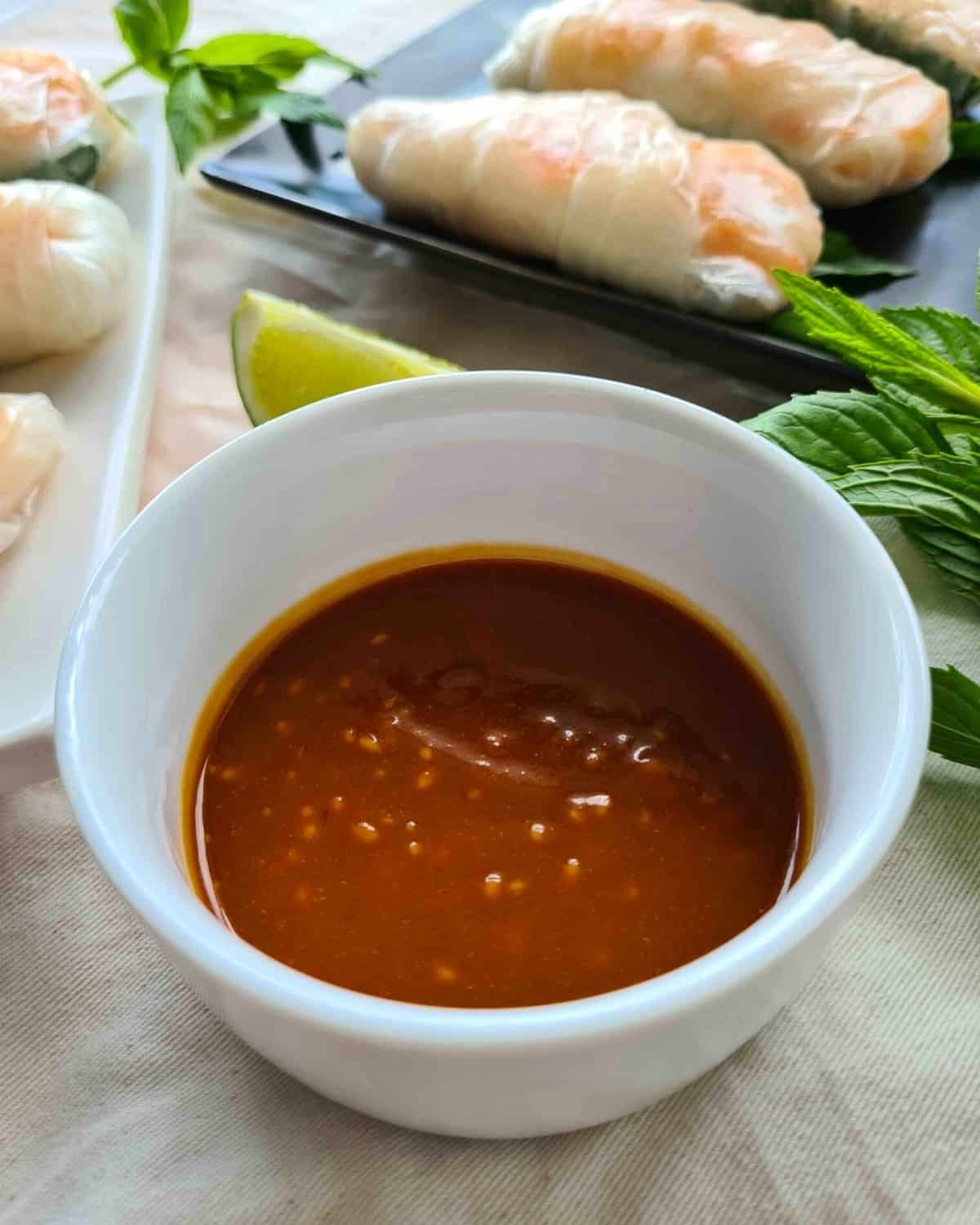 Close up of peanuty dipping sauce