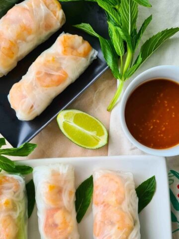 Close up of rice papper rolls with dipping sauce