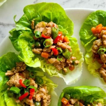 Close up of a plate of Chinese lettuce wraps