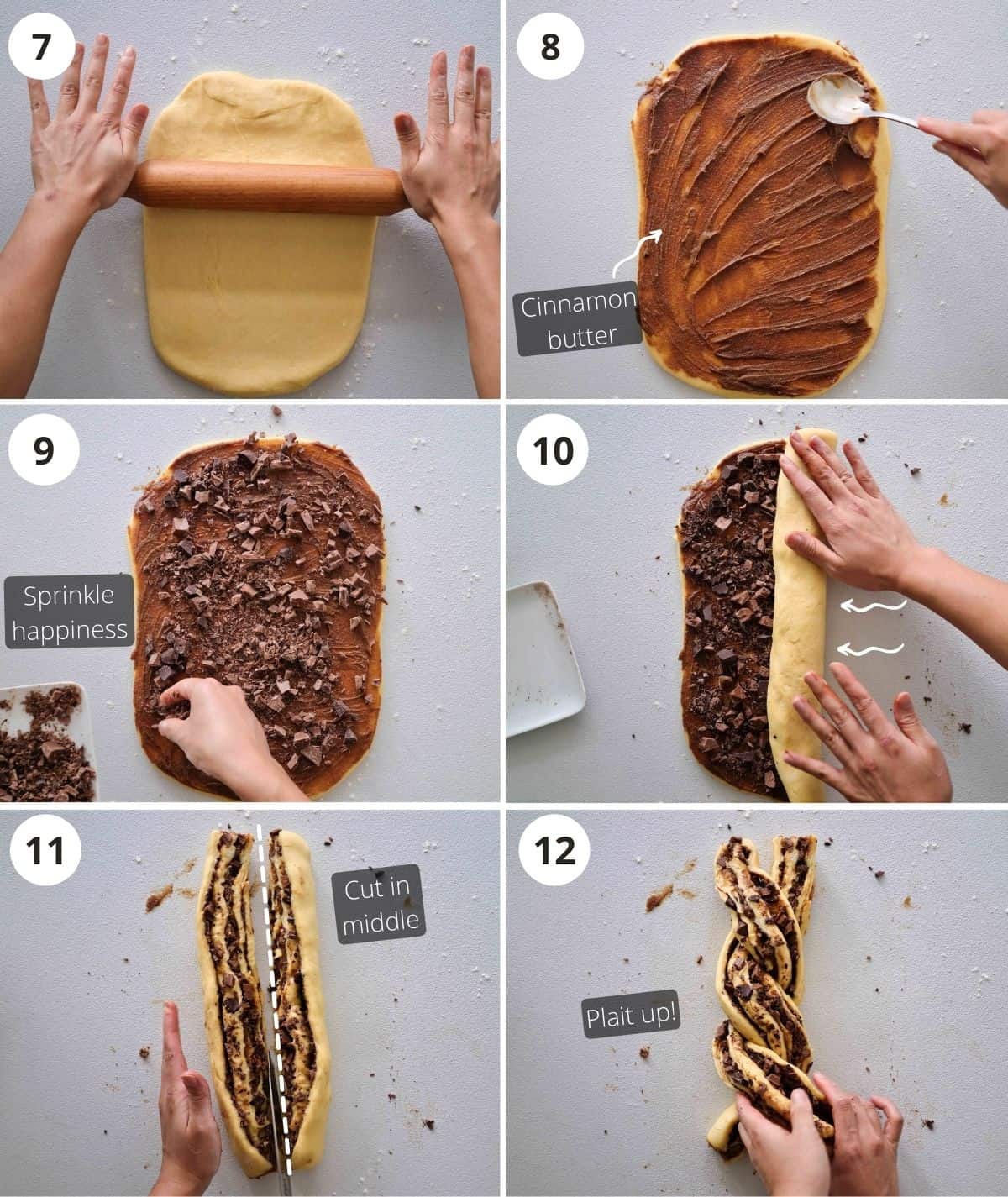 step by step on how to roll and plait the chocolate brioche babka