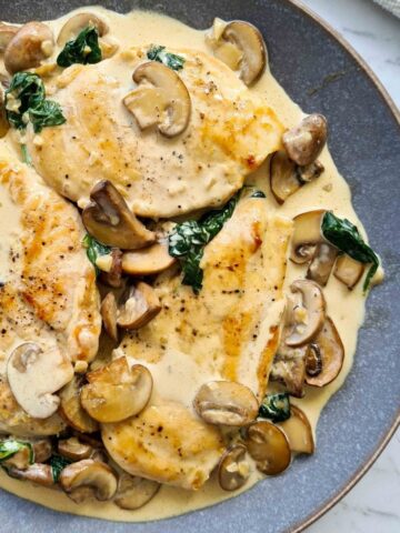 Close up of a full plate of chicken with creamy mushrooms