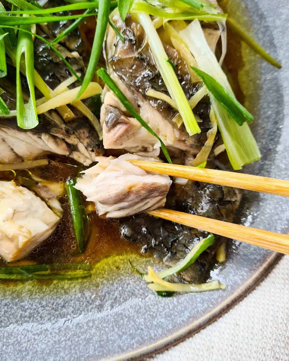 Close up of a piece of cooked Chinese steamed fish being flaked off with a pair of chopsticks