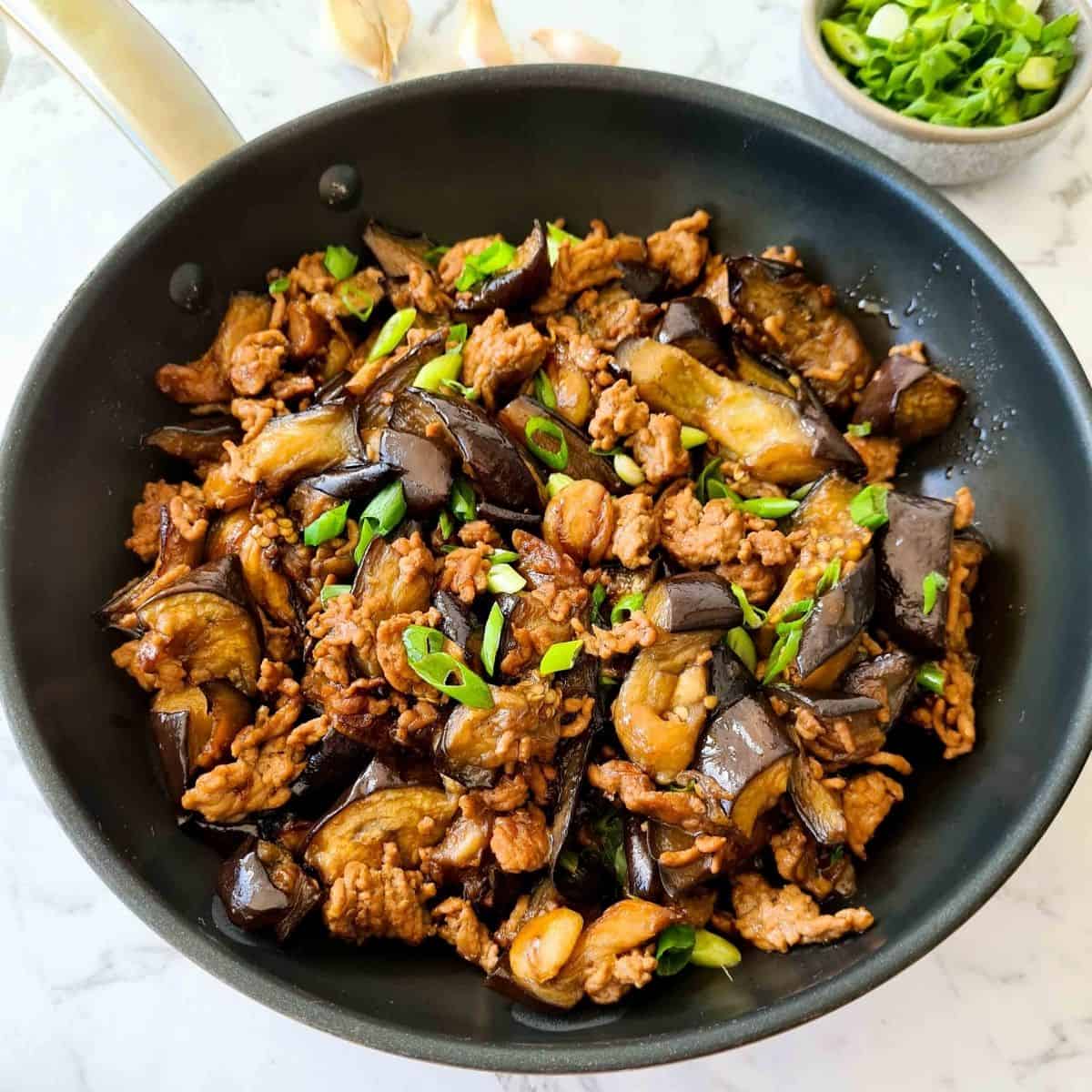 Freshly cooked Chinese eggplant with minced pork in a pan