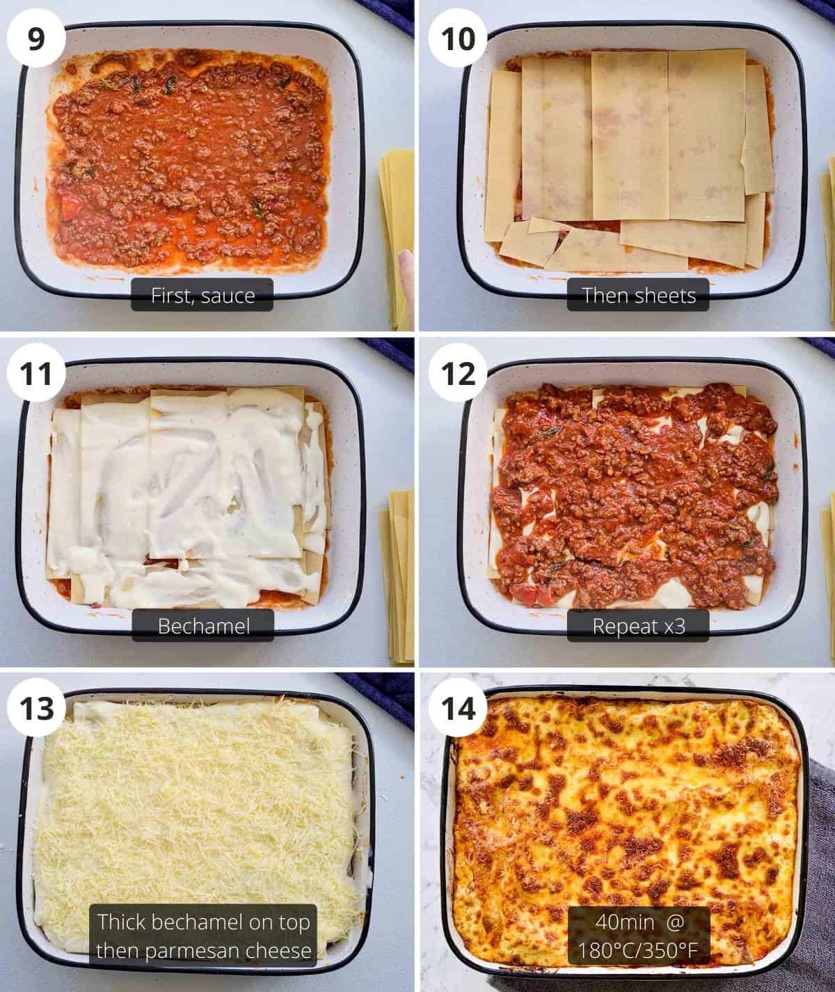 Step by step instructions for assembling and baking the lasagna to golden