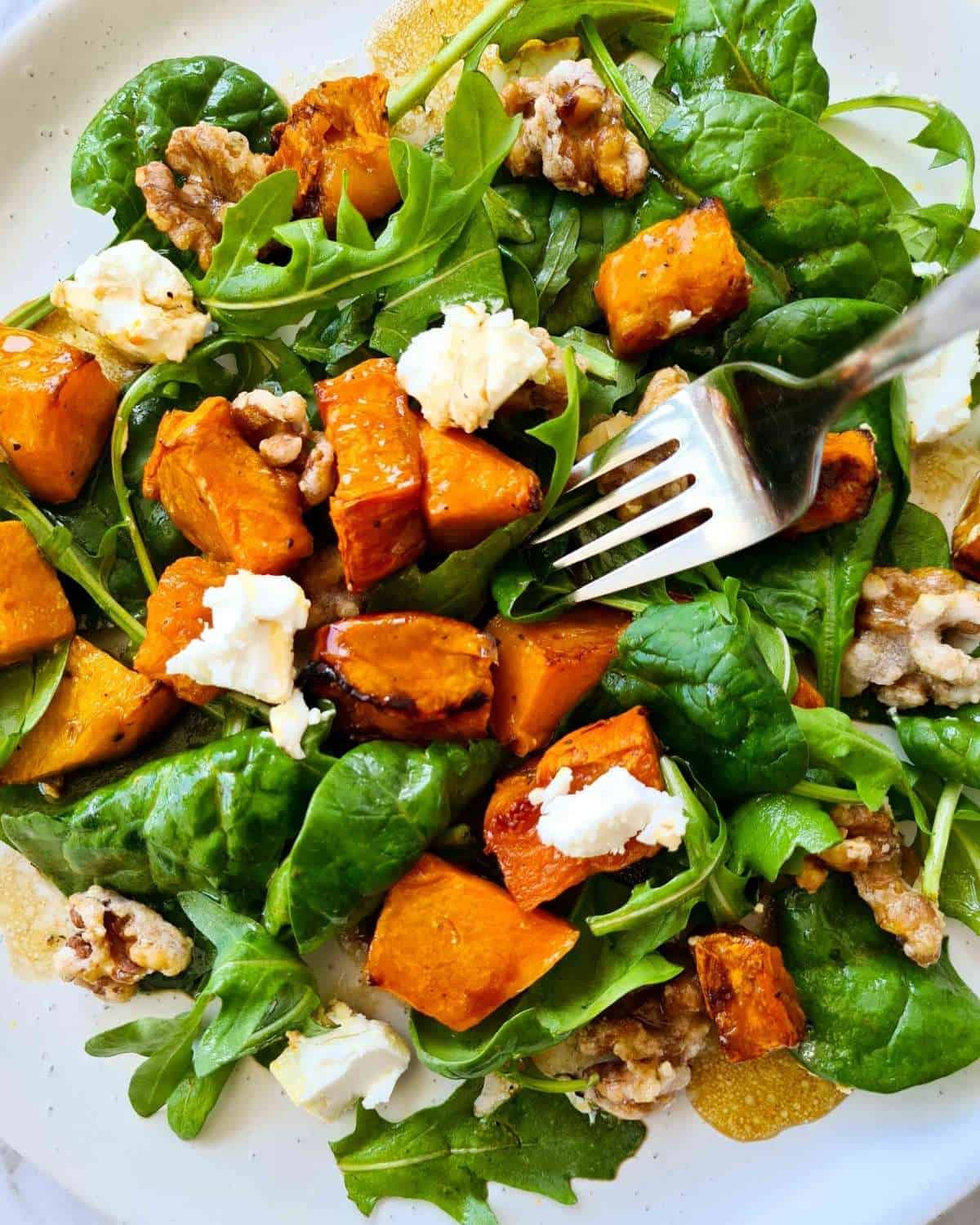 Close up of a plate of pumpkin salad with a fork 