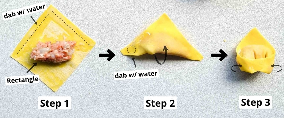 3 step process of folding wontons