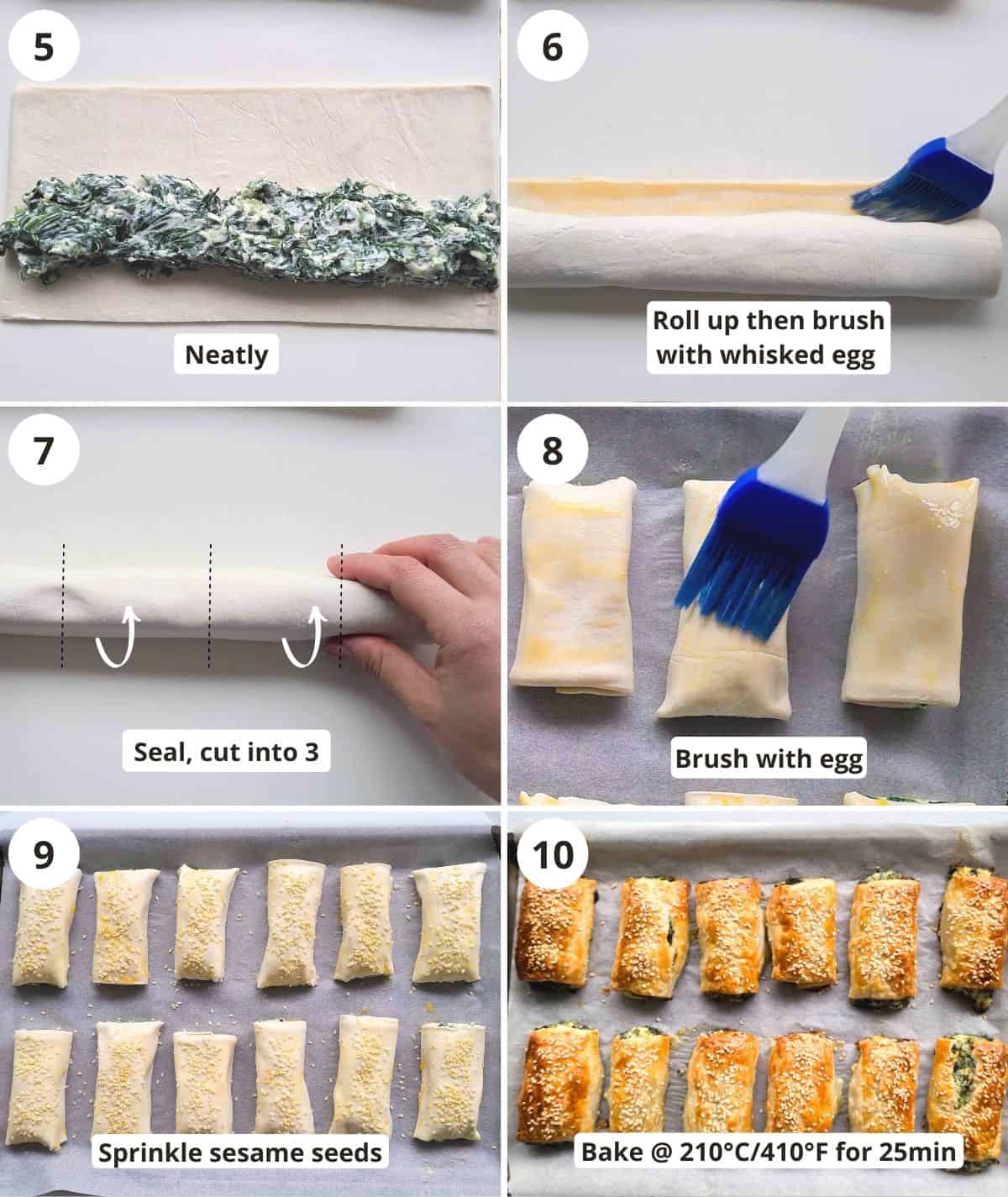 6 step collage showing how to roll the puff pastry rolls