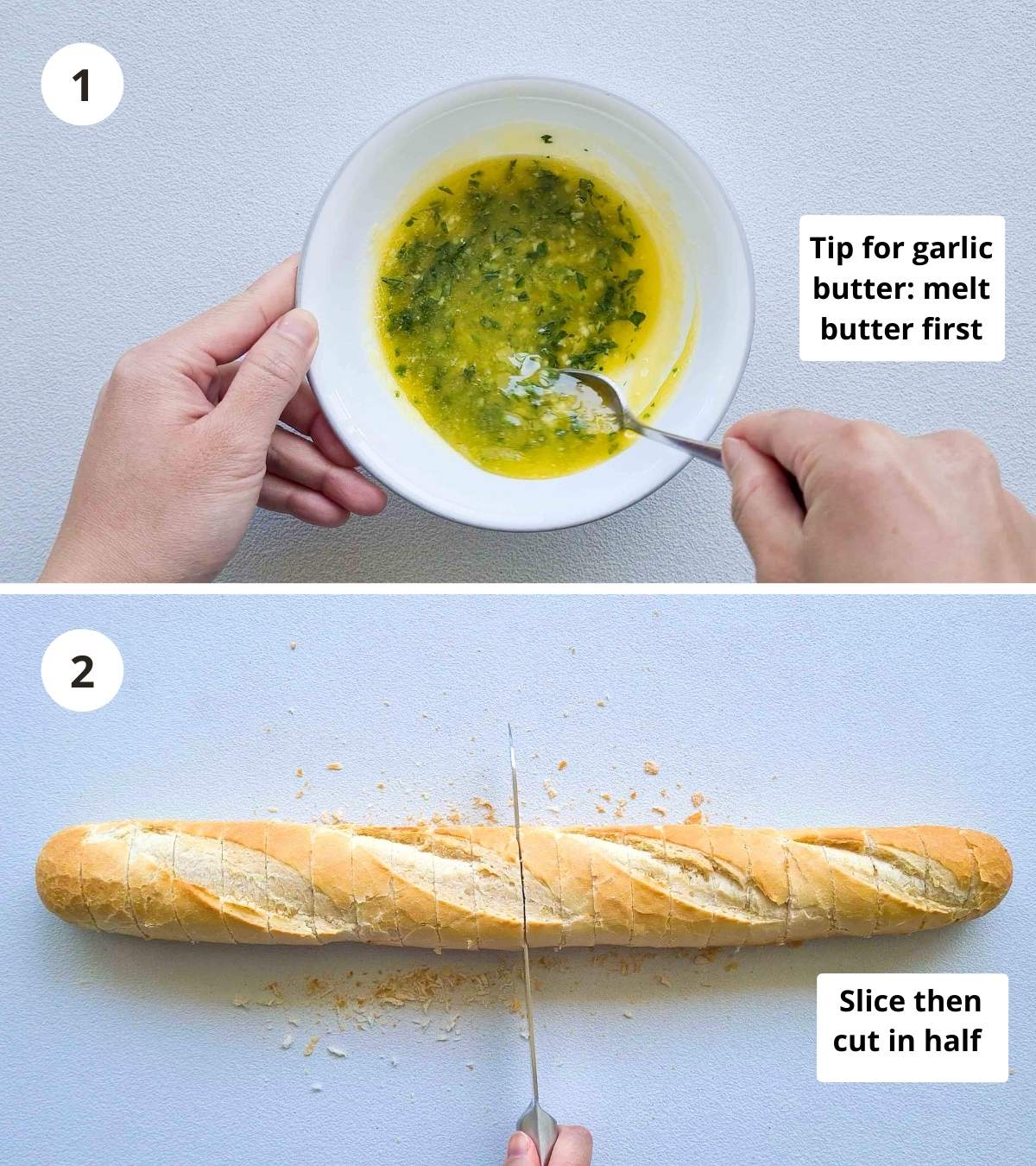 2 step collage of how to make a cheese stuffed garlic bread from start to finish part 1