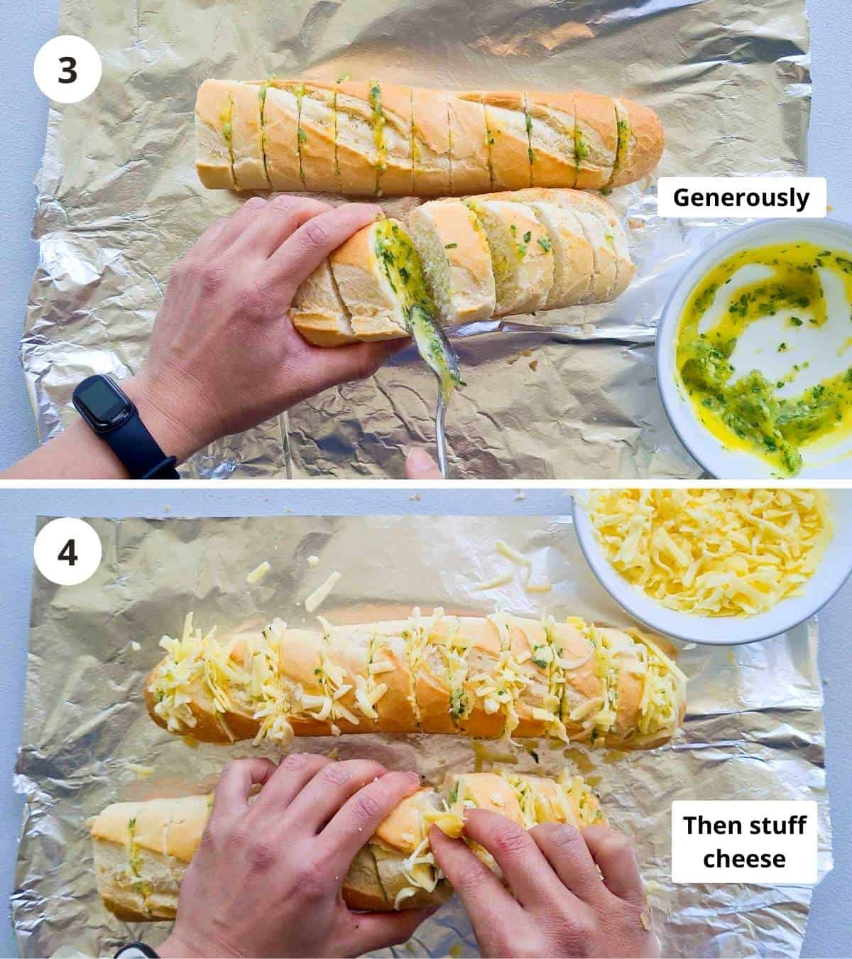 2 step collage of how to make a cheese stuffed garlic bread from start to finish part 2