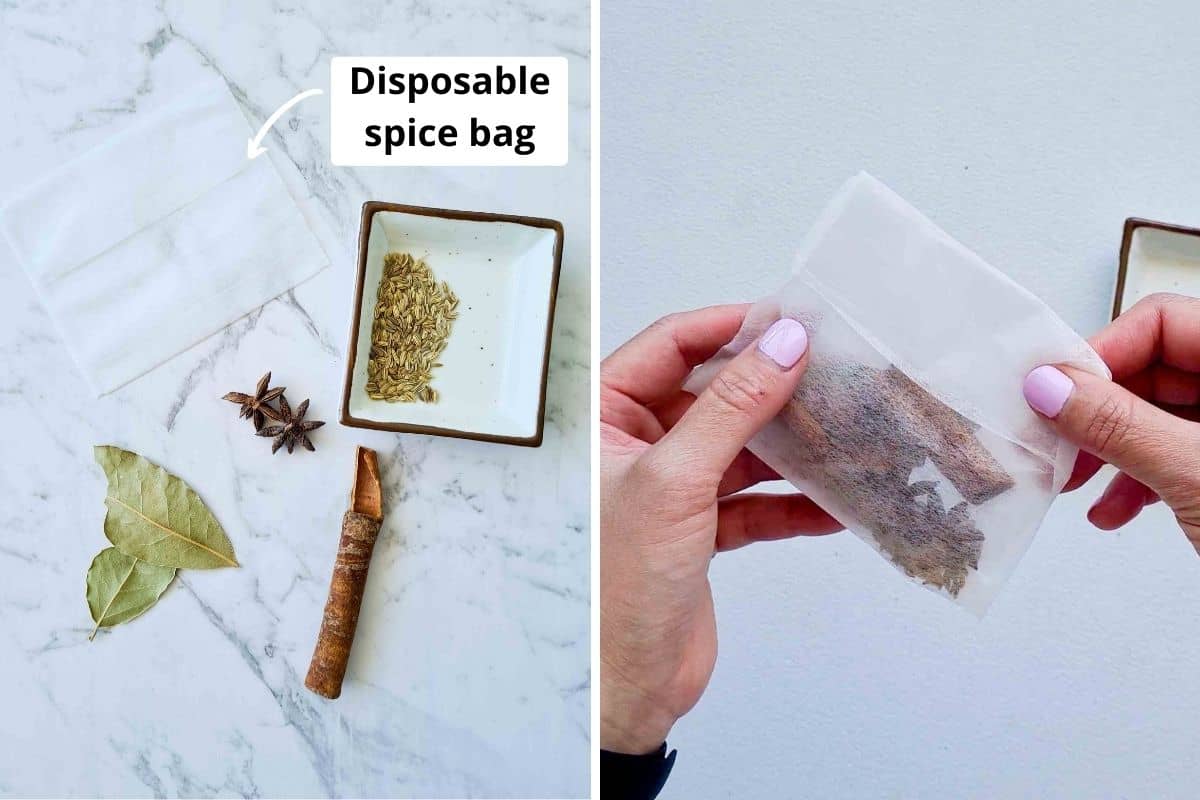 whole spices placed into a disposable braising bag