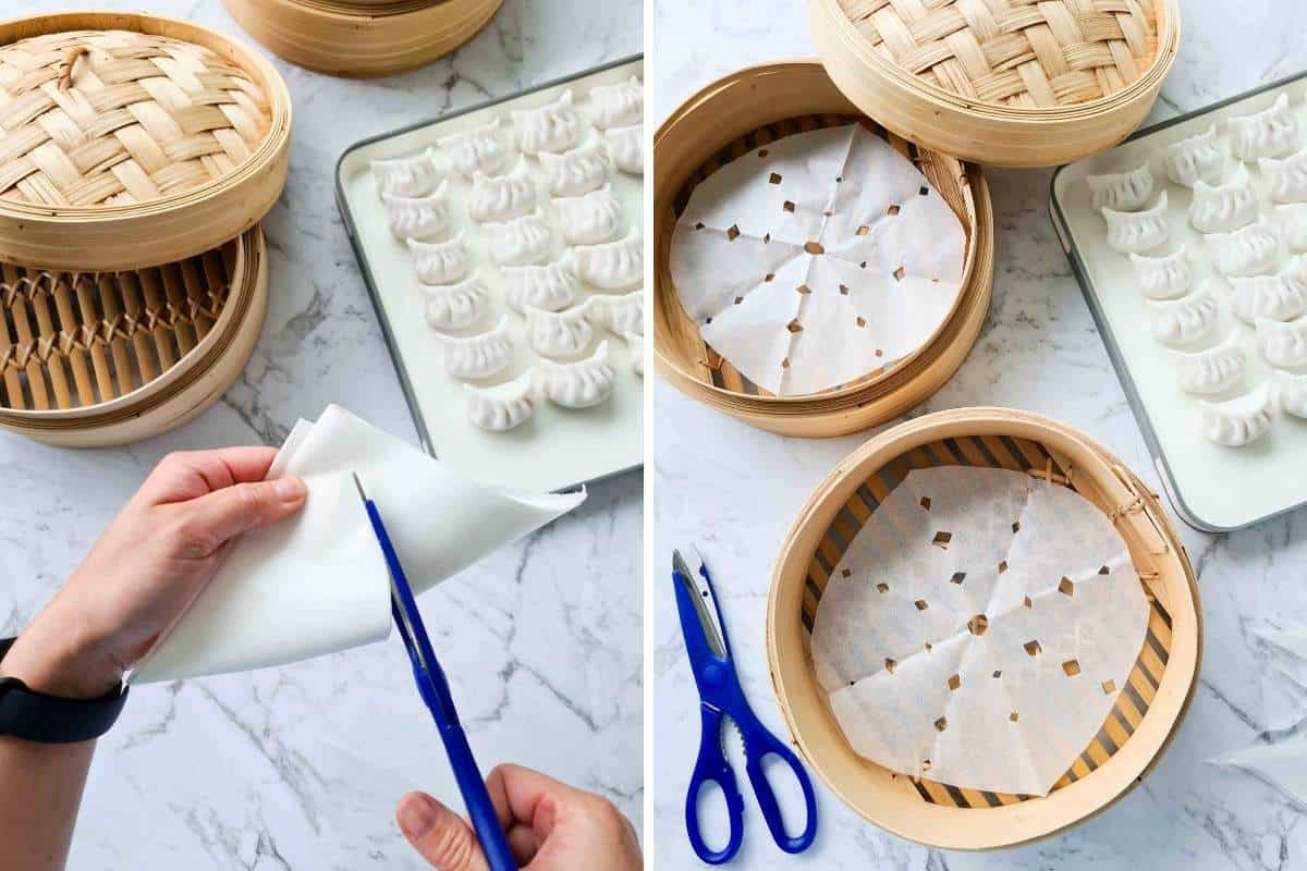 Trimming baking paper to fit into bamboo steamer baskets