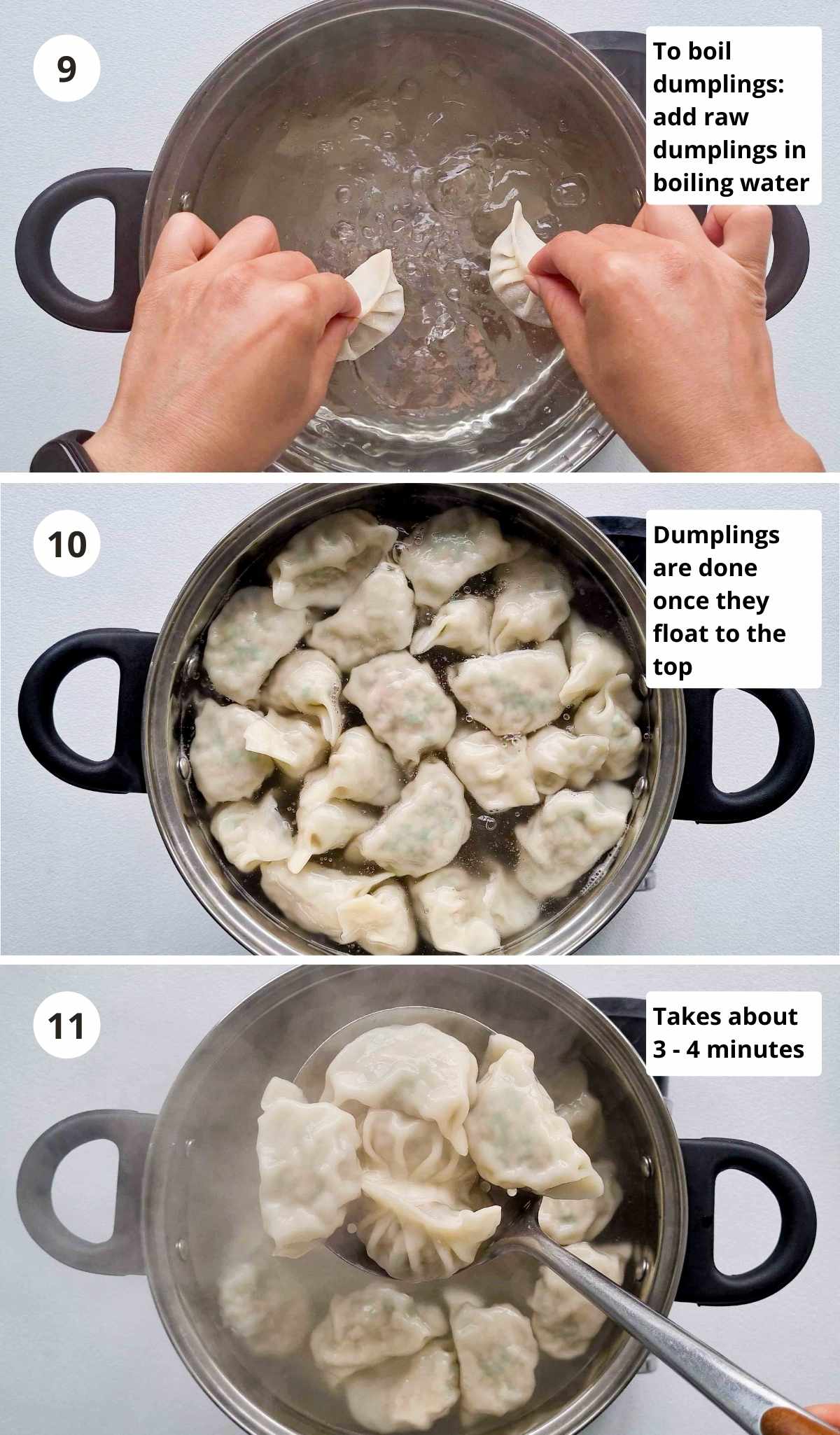 3 step instructions collage of boiling dumplings with captions