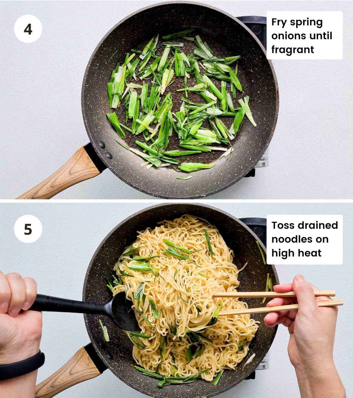 2 step instructions collage of cooking the soy sauce noodles part 1