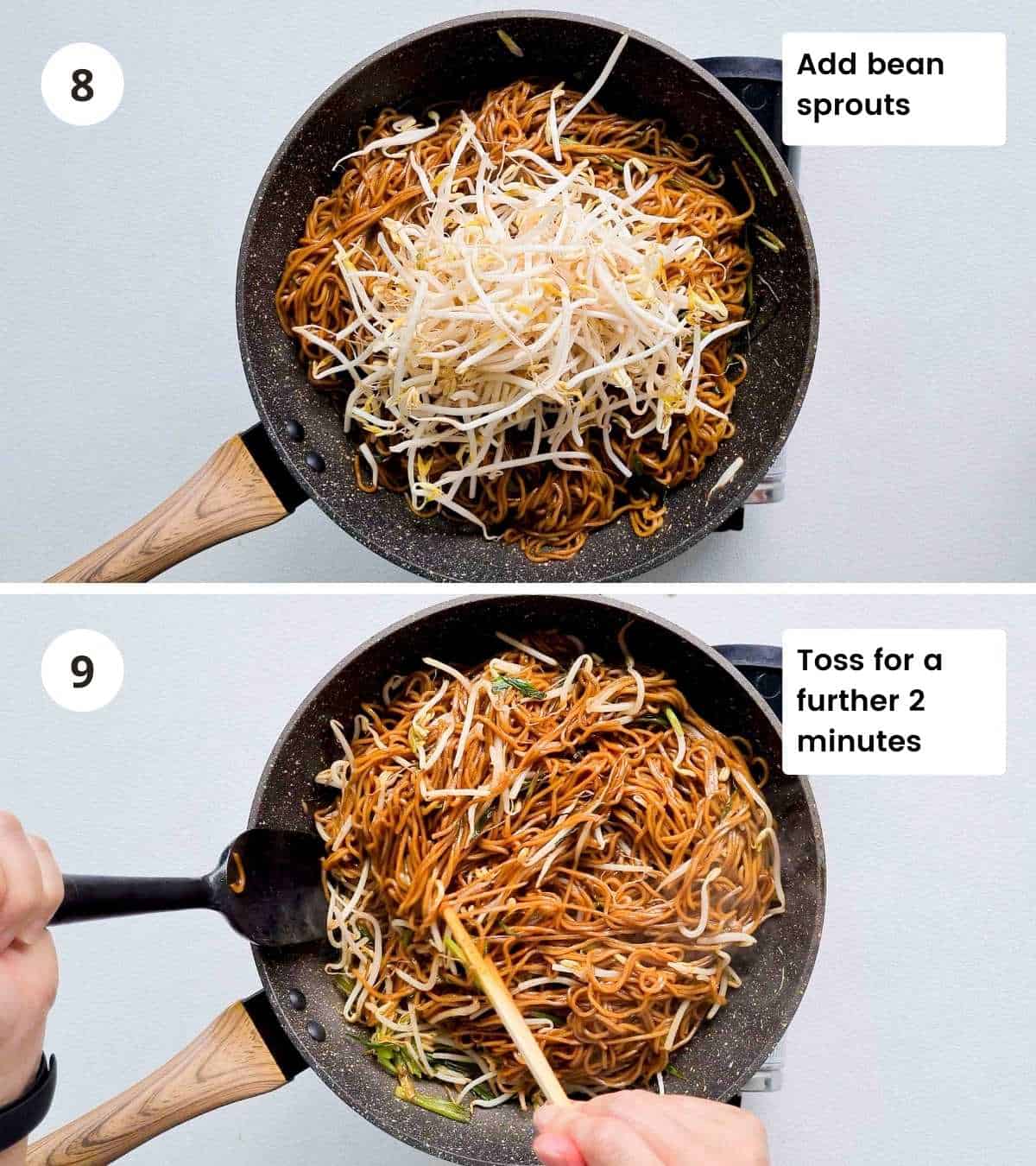 2 step instructions collage of cooking the soy sauce noodles part 3