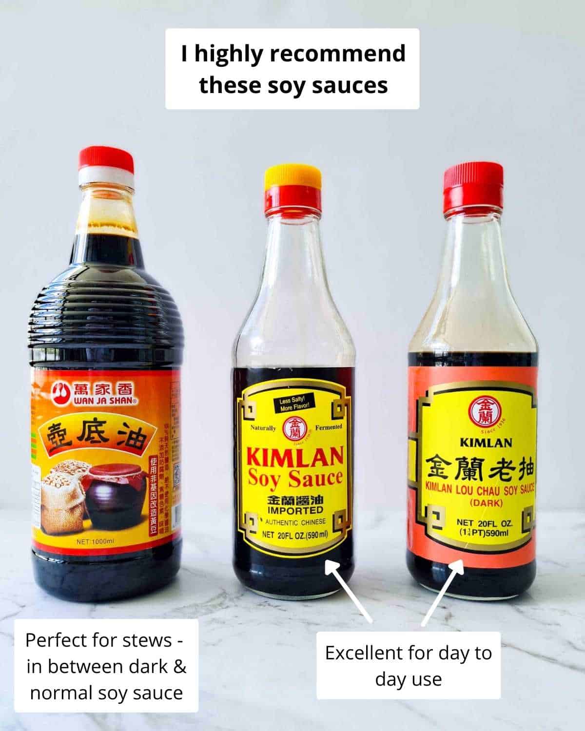 3 bottles of soy sauce with captions for recommened use