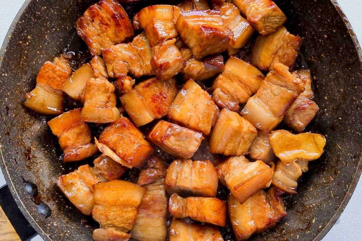 Caramelised pork belly in a pan