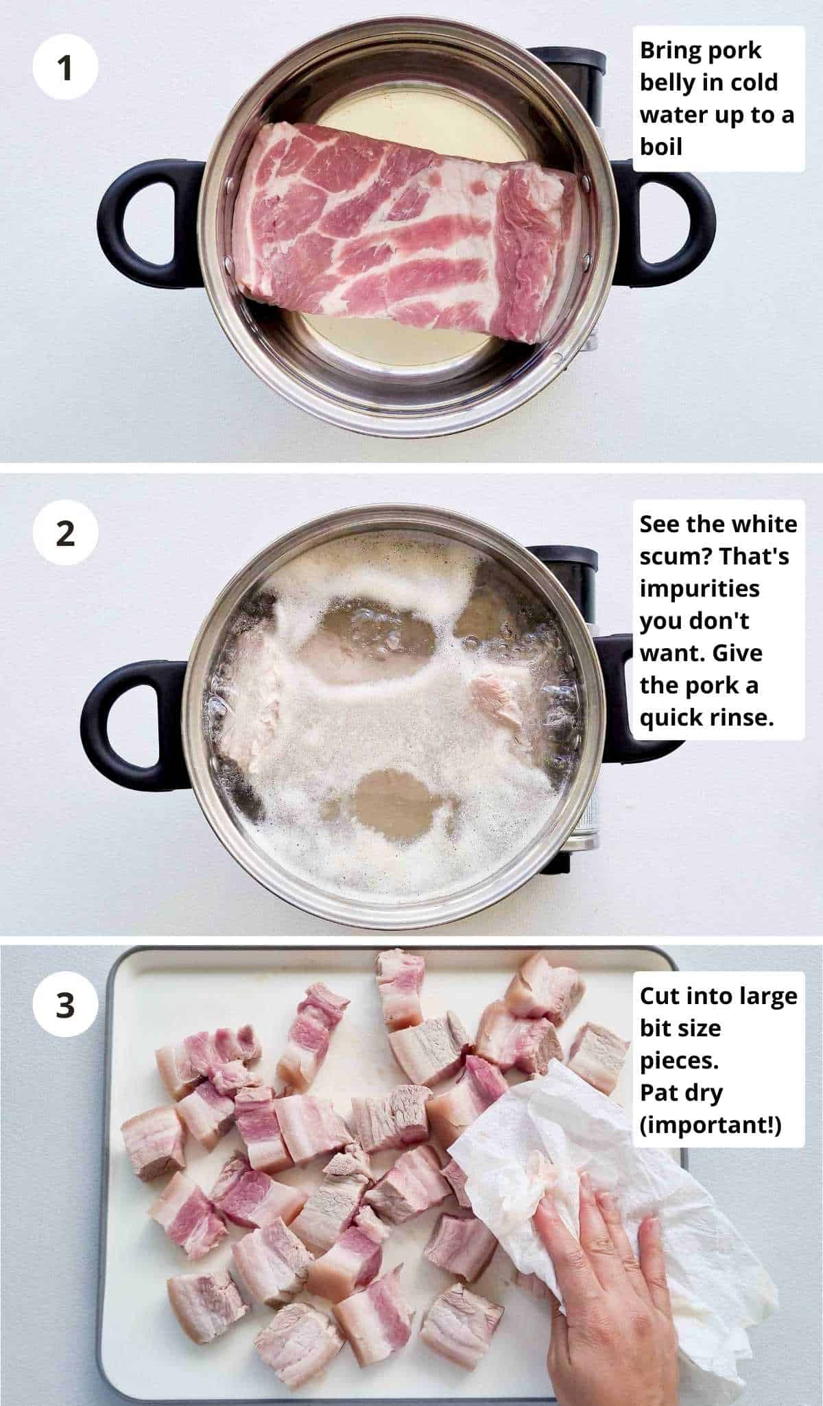 3 step cooking collage of preparing pork belly