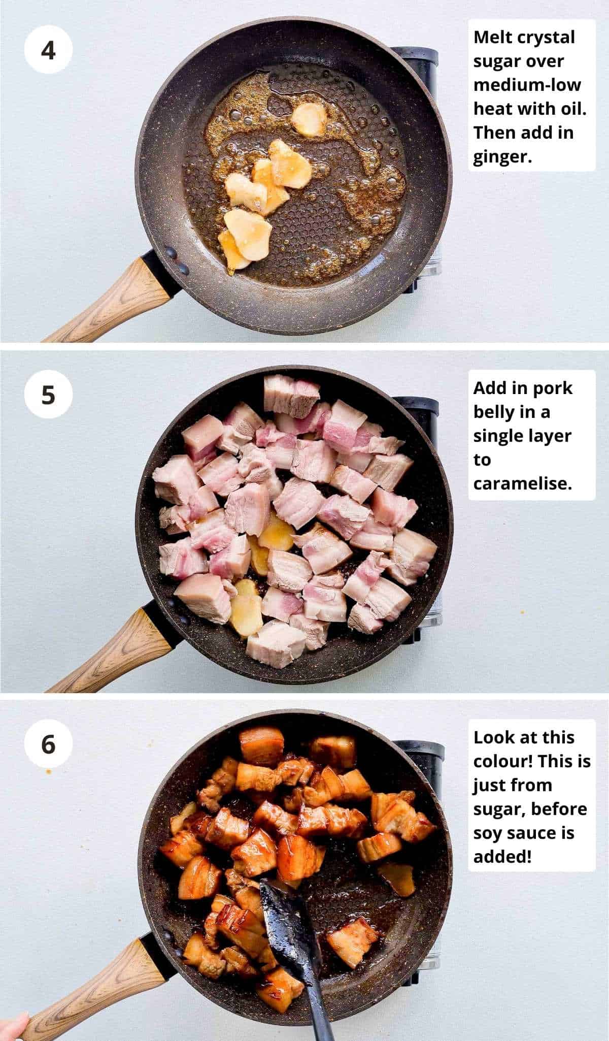 3 step instruction collage of cooking red braised pork belly part 1