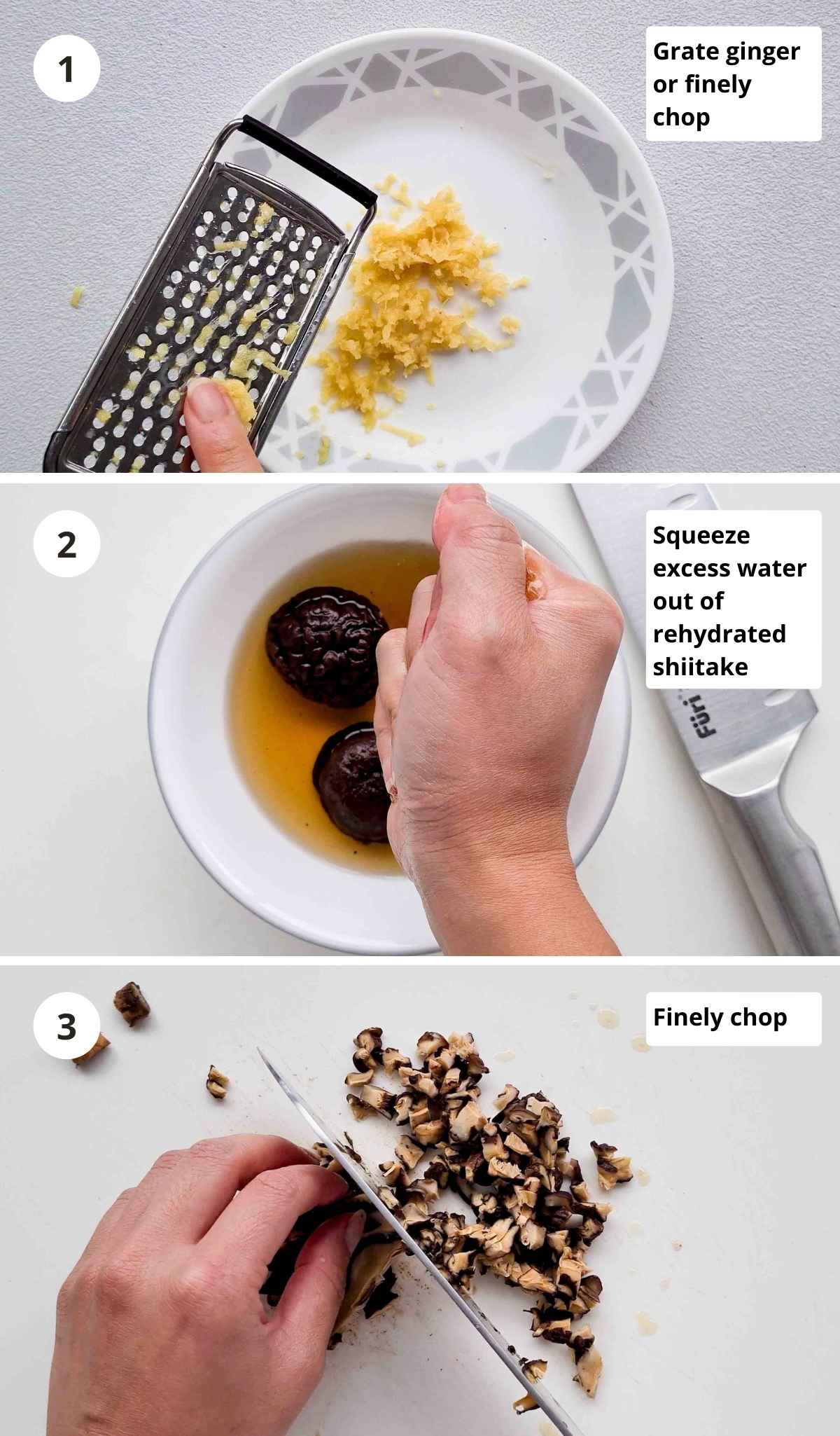 3 step step by step collage of preparing filling ingredients