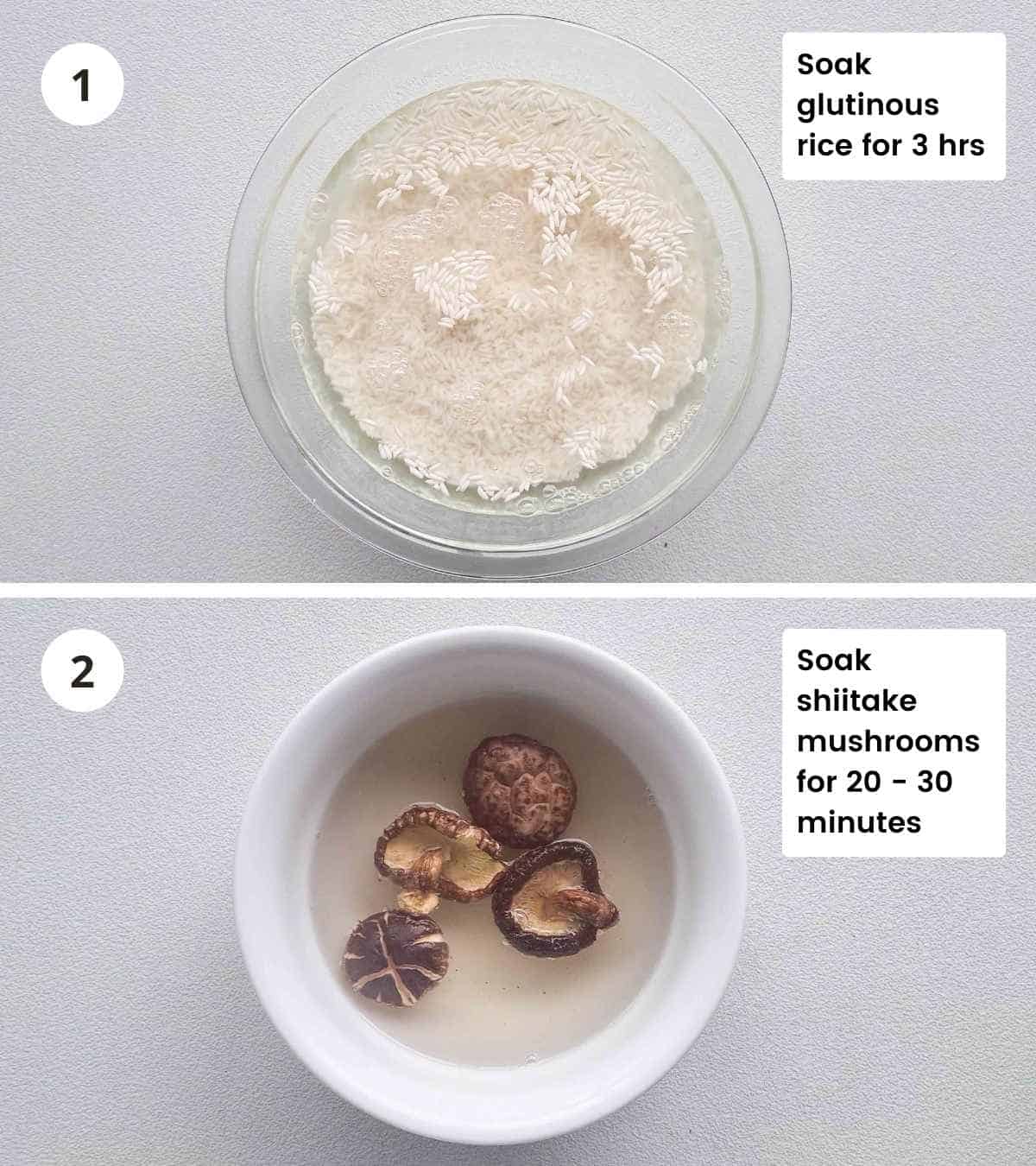 2 step collage of soaking glutinous rice and shiitake mushrooms