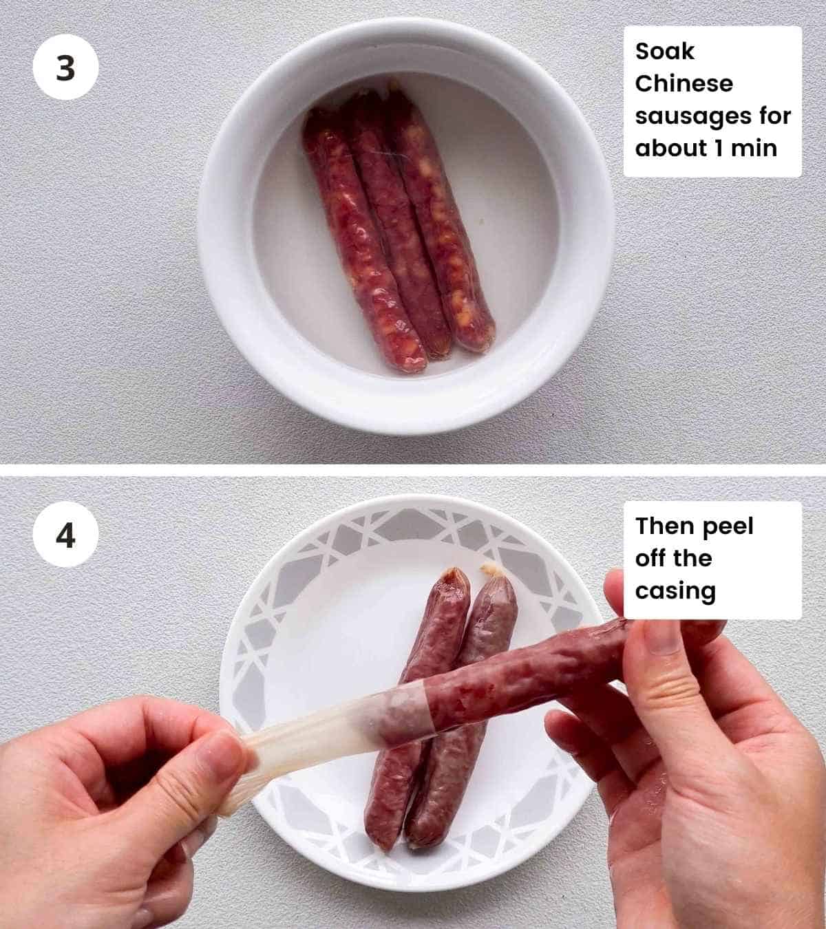 2 step collage of how to remove the casings of Chinese sausages 