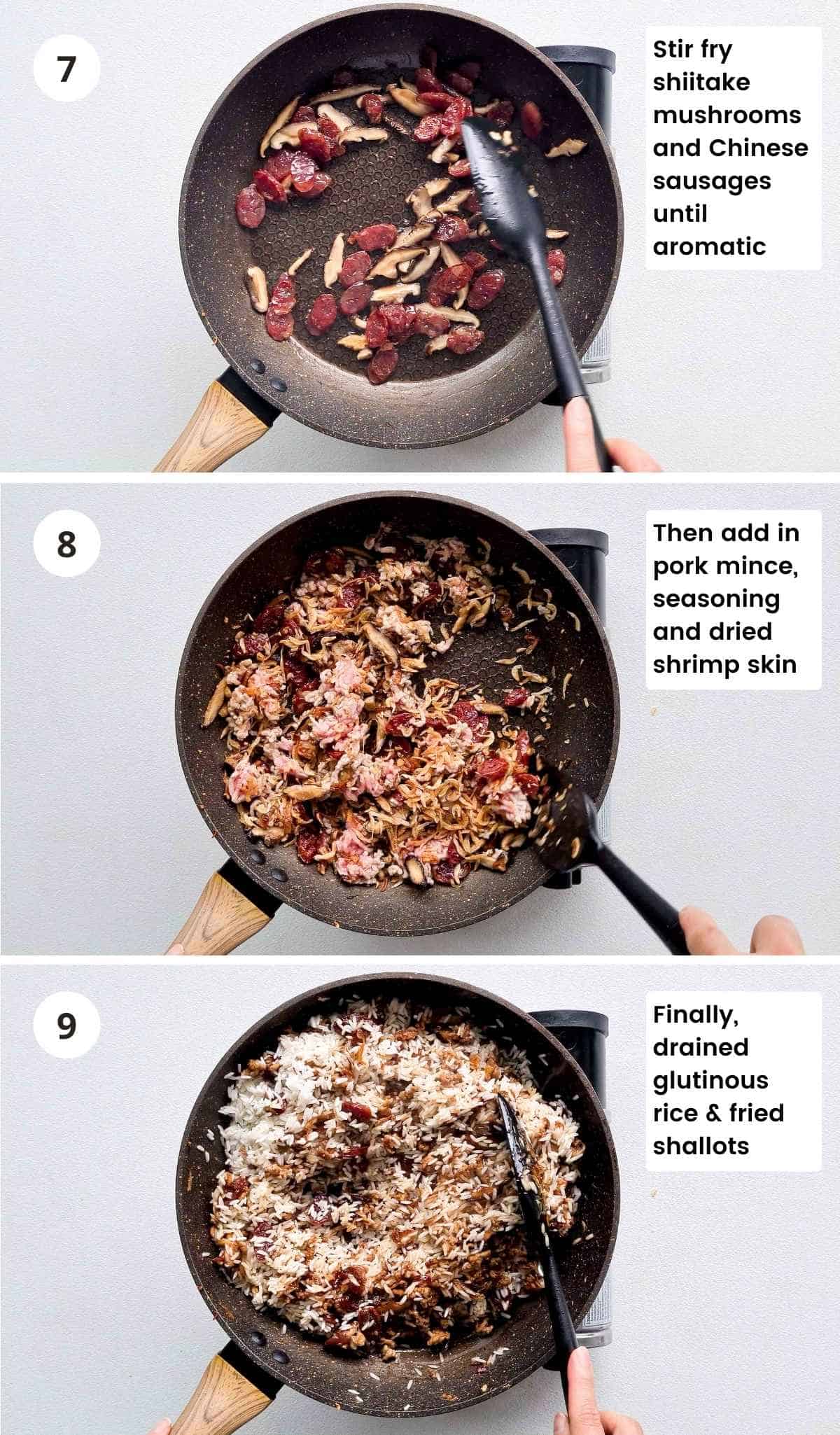 3 step instruction collage of stir frying the aromatic rice