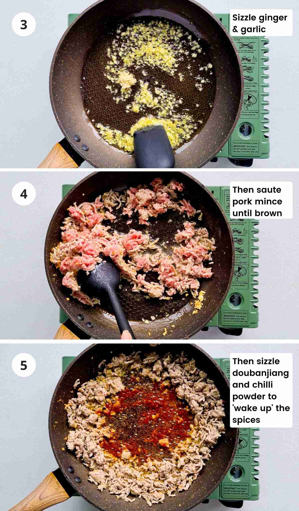3 step collage of cooking mapo tofu