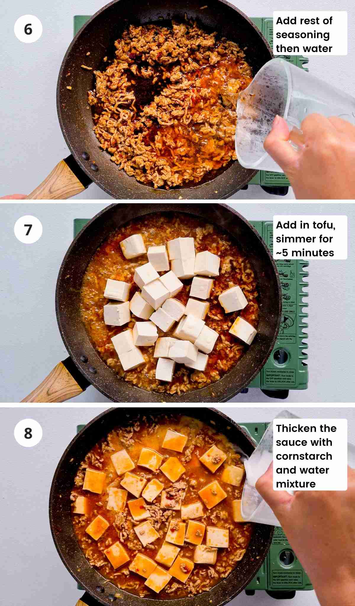 Final 3 step collage of cooking mapo tofu