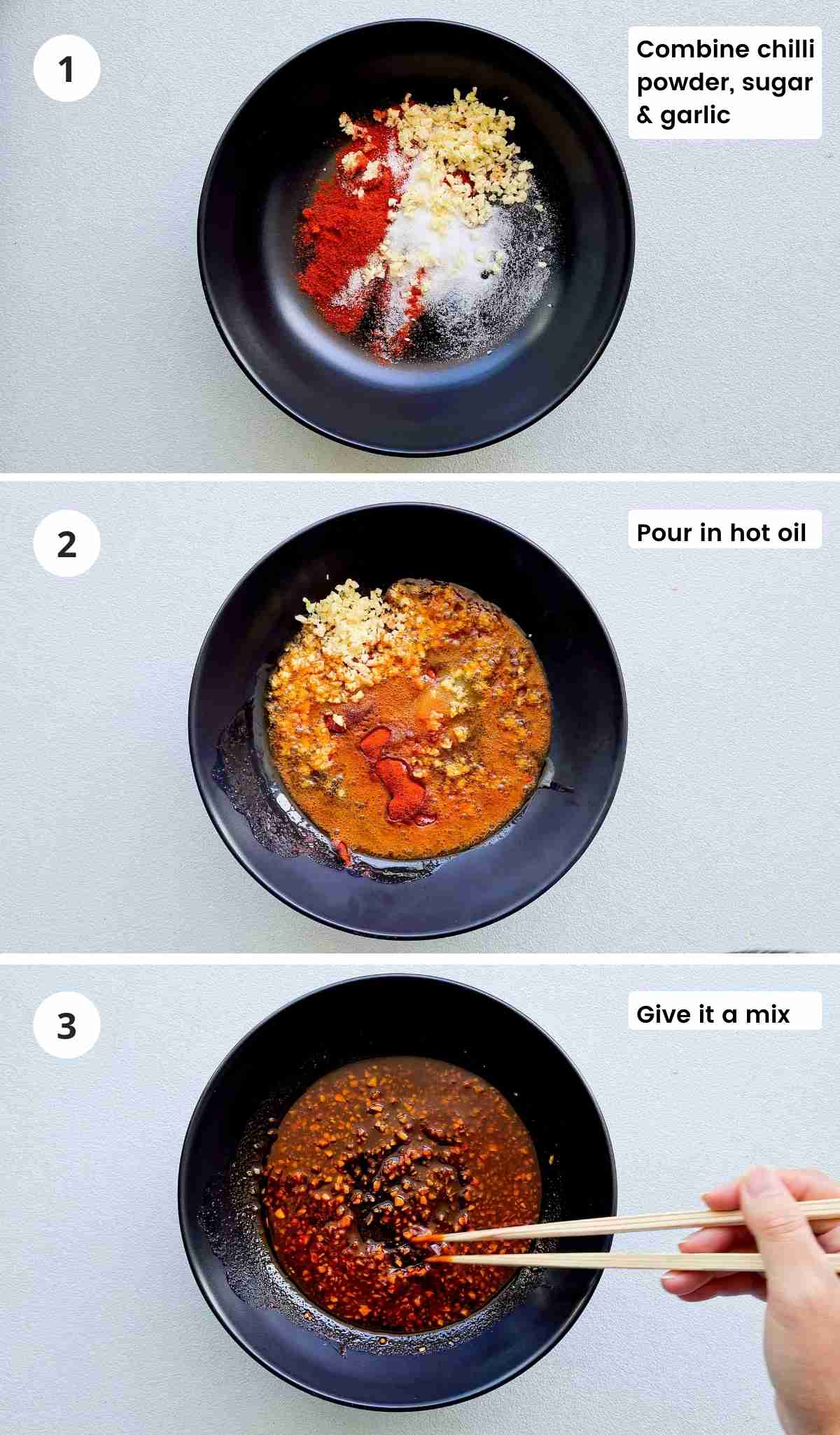 3 step collage of making chilli garlic oil