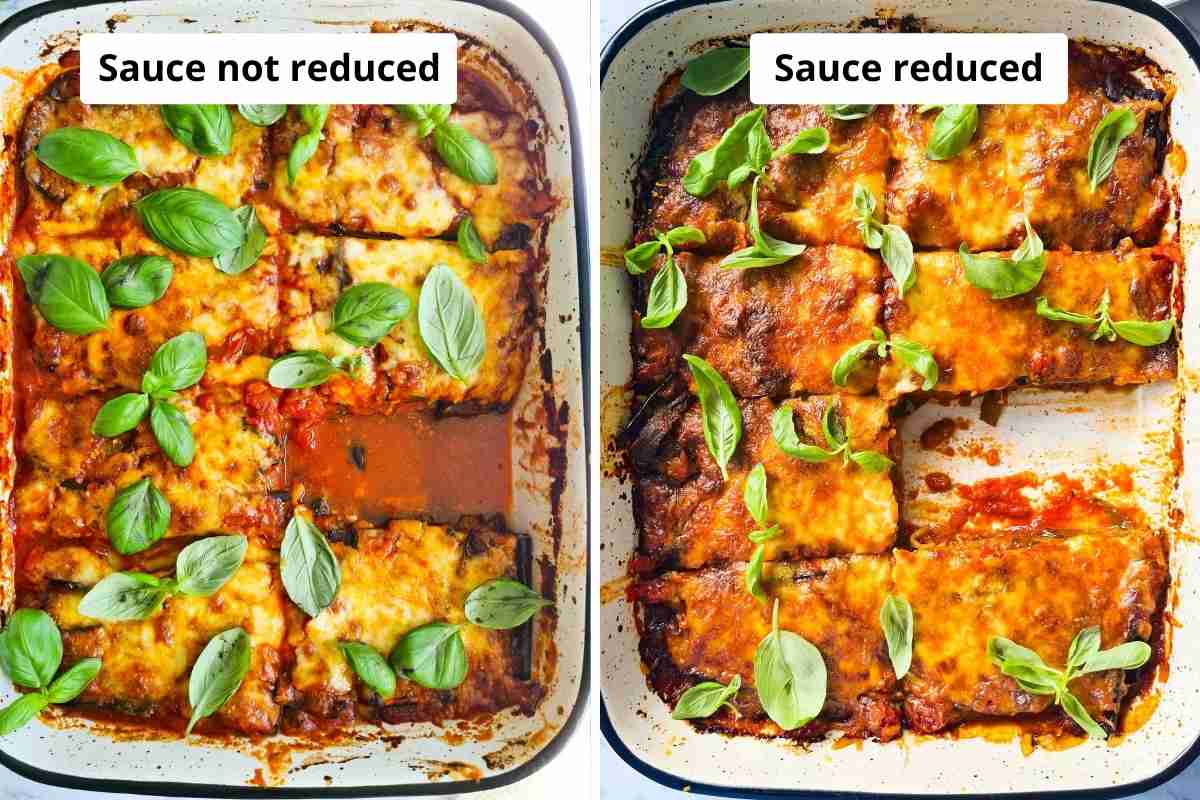 2 trays of eggplant parmigiana side by side with one tray that used reduced sauce and the other with sauce lightly reduced