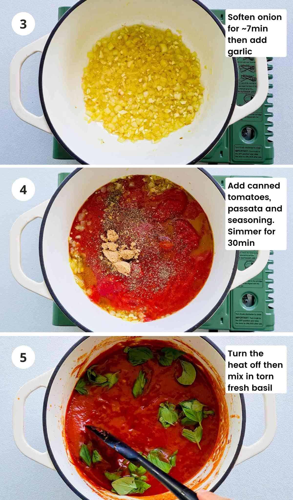 3 step collage of making the tomato sauce (sugo) 