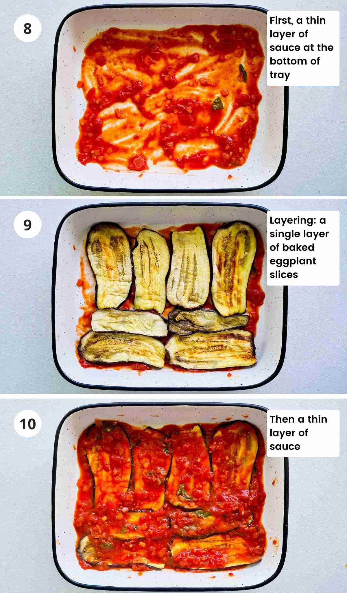 3 step collage of layering up eggplant parmigiana
