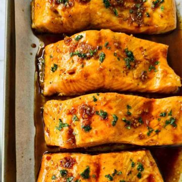 Close up fillets of baked salmon