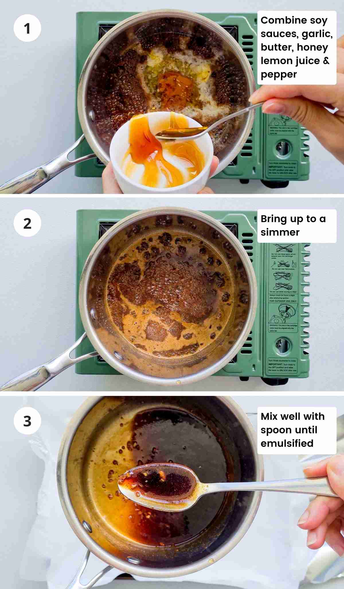 3 step collage of making honey glaric sauce