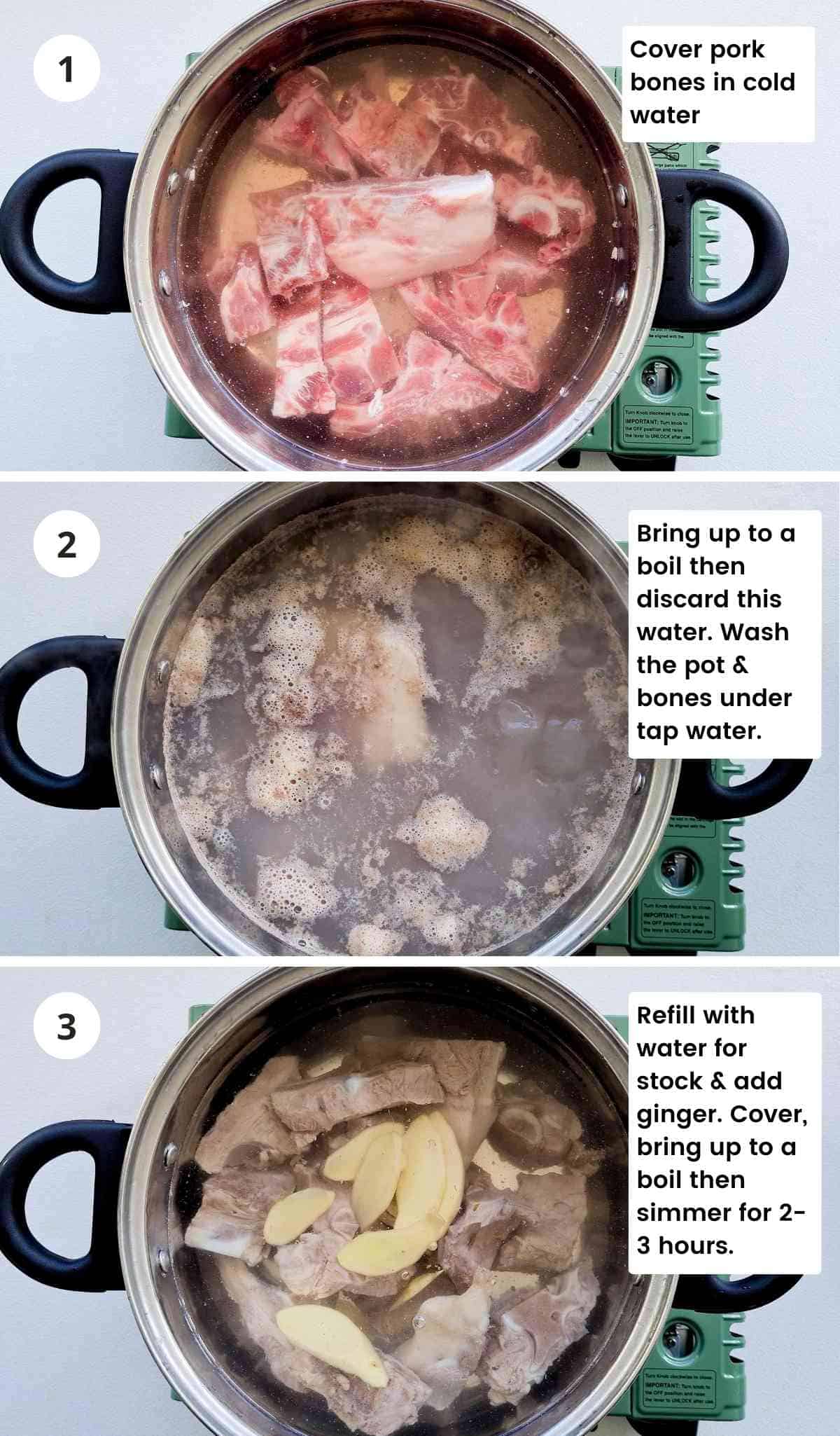 3 step collage of how to remove impurities from pork bones with captions