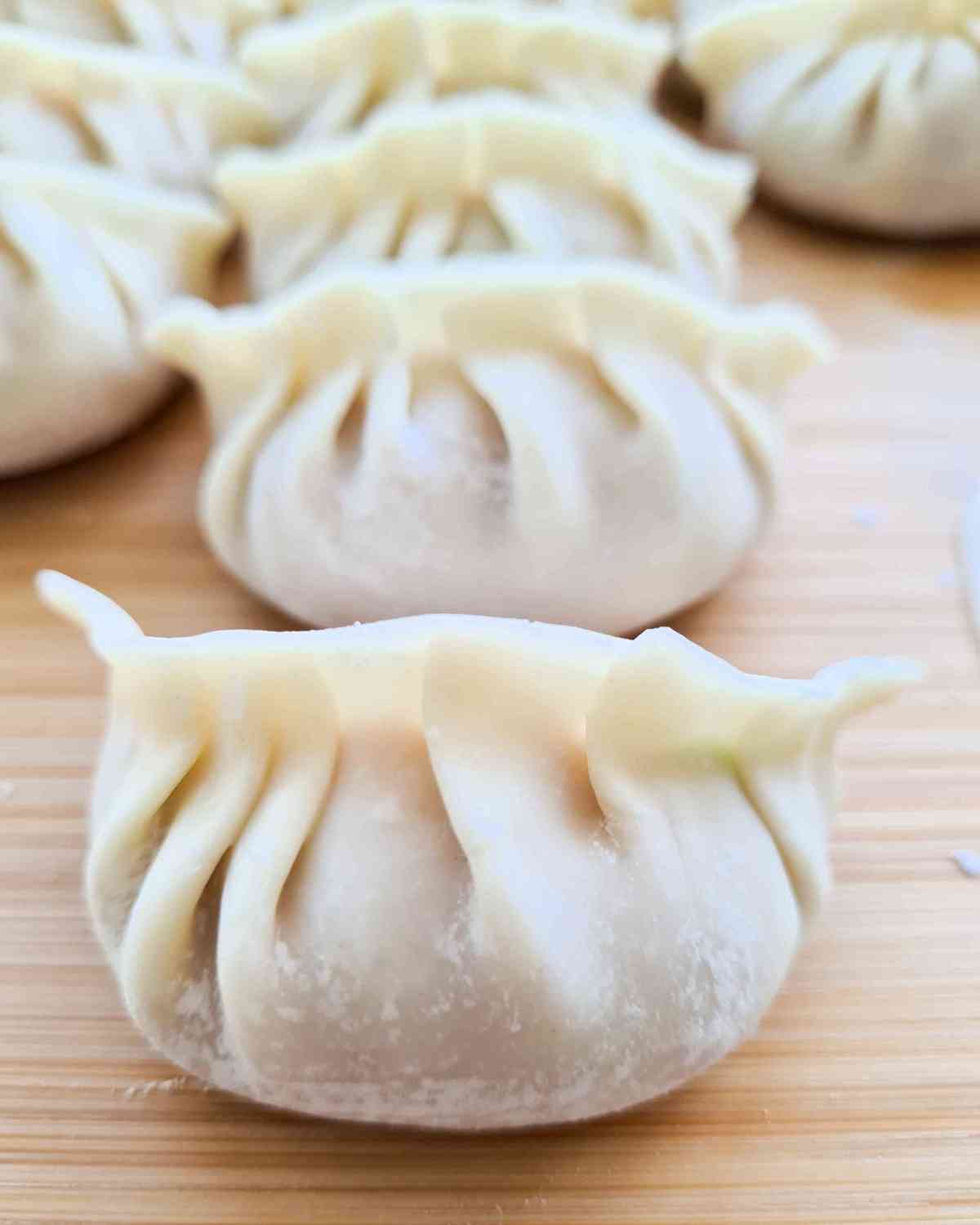 Close up of neatly folded, raw dumplings