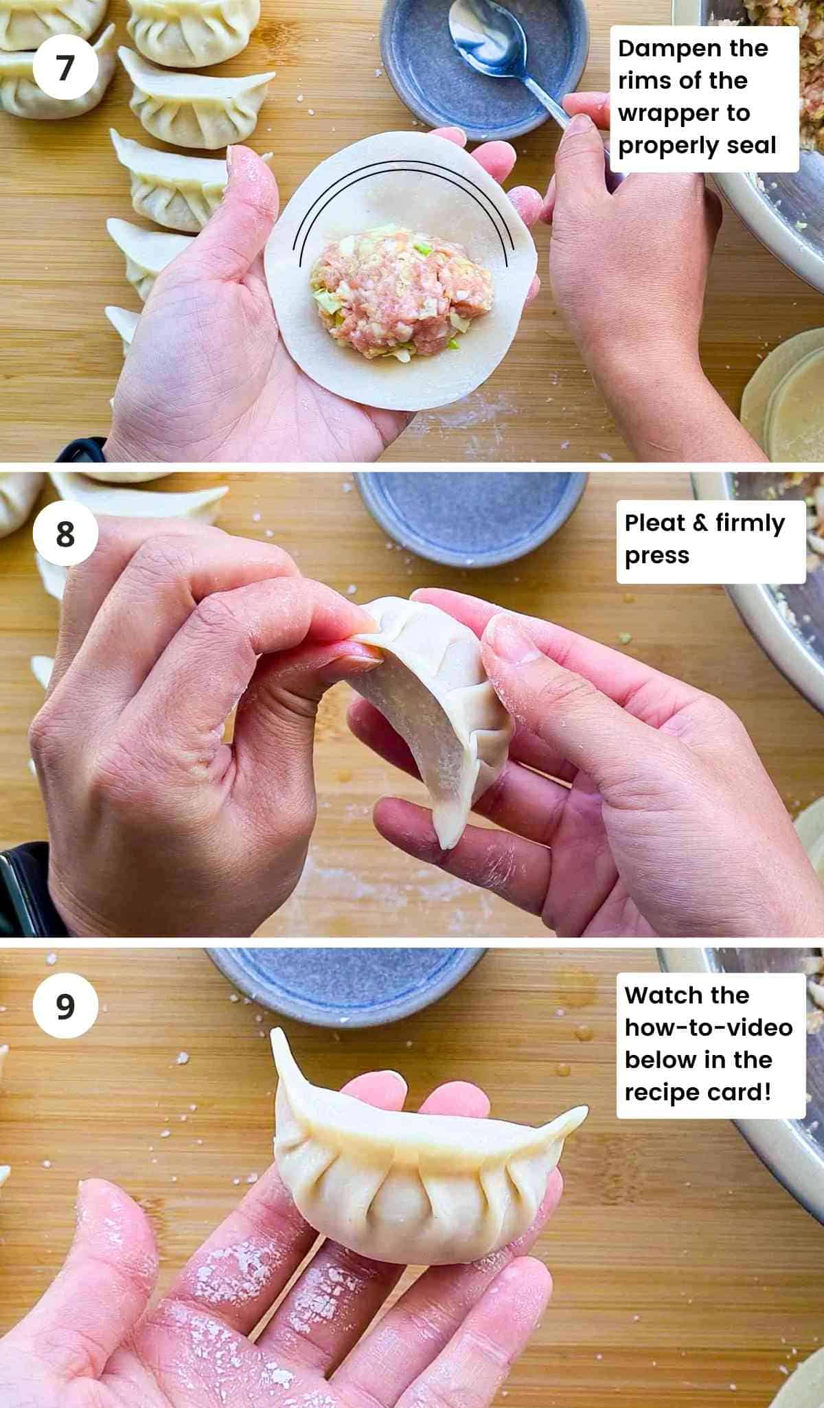 3 step collage of pleating a dumpling with captions