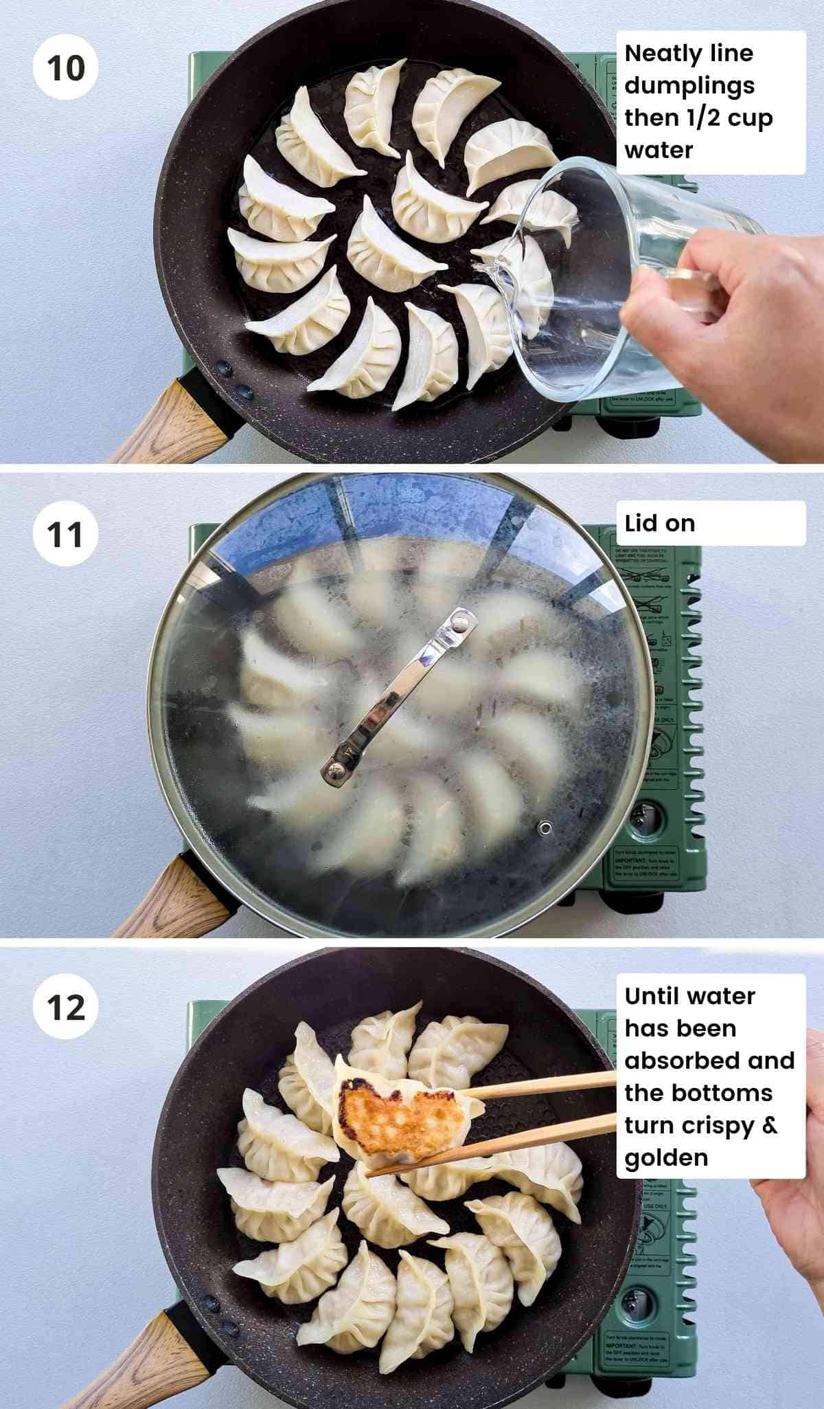 3 step collage of how to pan-fry dumplings with captions