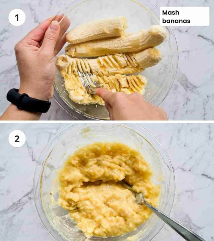 2 step instruction collage of mashing bananas