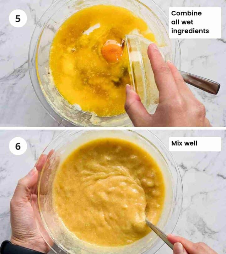 2 step instruction collage of mixing wet ingredients with captions