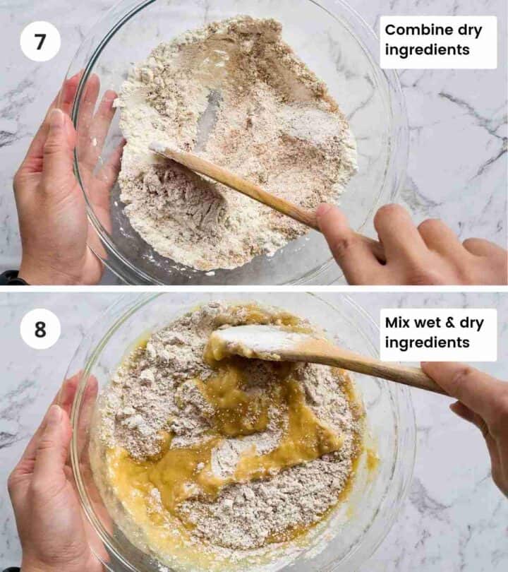 2 step instruction collage of mixing wet with dry ingredients with captions